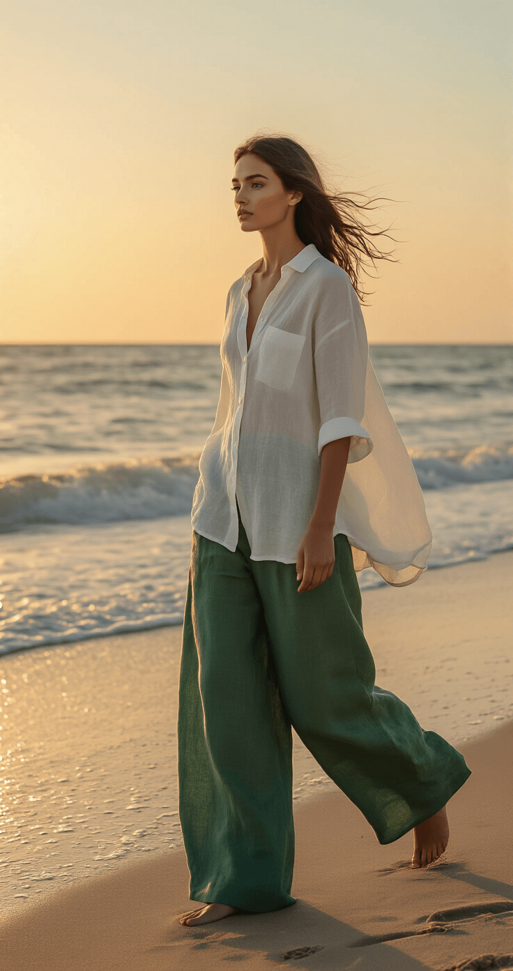 A model walks along a windswept beach at sunset, wearing sustainable linen layers, including emerald green wide-leg trousers and a crisp white oversized shirt, with the natural texture of the fabric illuminated by golden hour lighting.