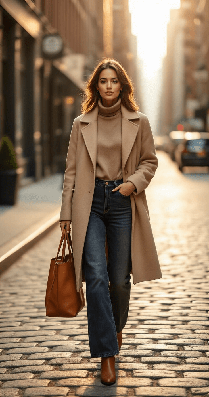 A 25-year-old woman in a layered beige wool coat and camel turtleneck walks confidently through a sophisticated New York neighborhood during golden hour, casting warm shadows on the cobblestone streets. She wears dark denim wide-leg jeans, minimal leather ankle boots, and carries an oversized leather tote bag, accessorized with delicate gold jewelry and natural makeup, her hair softly windblown.