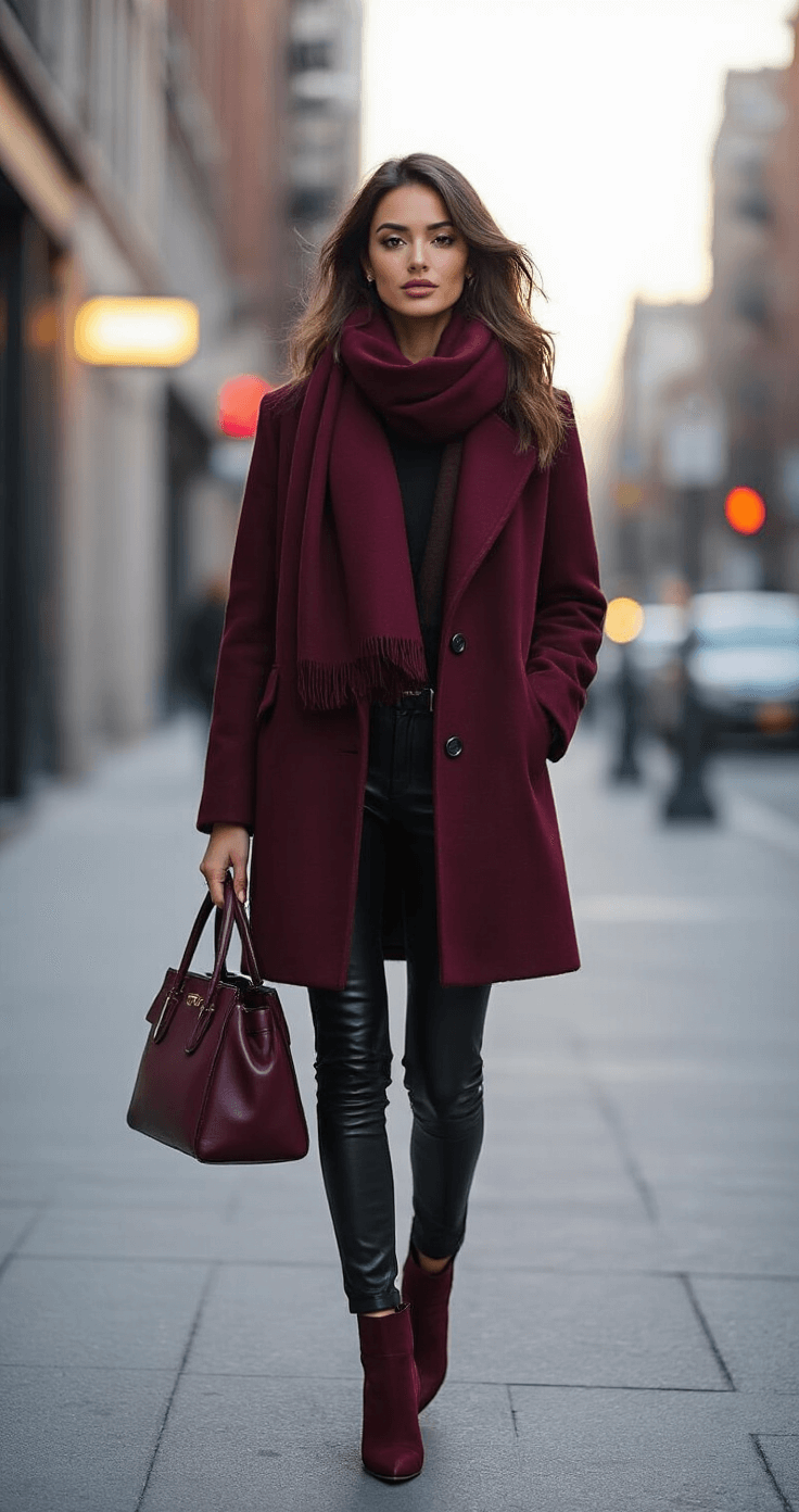 A stylish 26-year-old woman in a monochromatic burgundy wool coat, black leather skinny pants, and burgundy suede ankle boots confidently walks at an urban street corner during early evening, her silhouette illuminated by a soft streetlamp. She accessorizes with an oversized wool scarf and a structured leather handbag, her windblown hair and minimal makeup enhancing her modern, independent look.