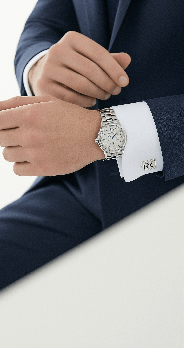 Close-up of hands adjusting French cuff sleeves on a made-to-measure navy blue suit, highlighting fine wool fabric texture, embroidered monogram on a pressed shirt cuff, and a luxurious silver watch, set against a minimalist white background with soft diffused natural light.