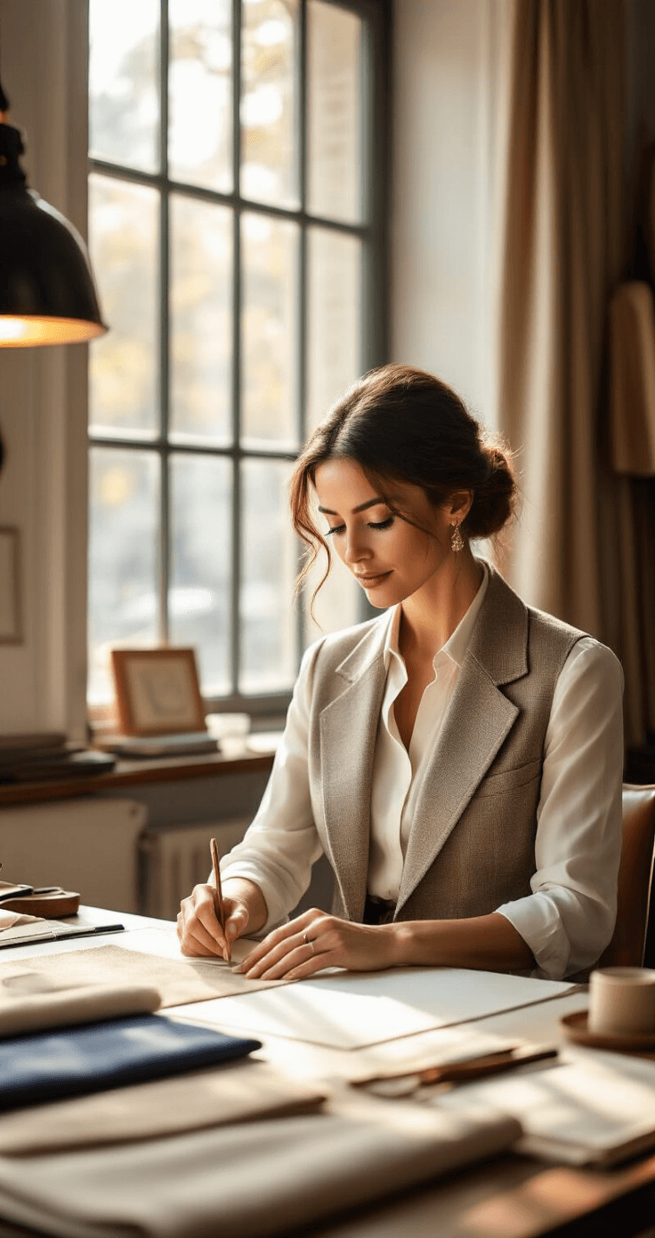 A stylish woman seated in a chic tailor's studio selects fabric swatches from a wooden consultation table, surrounded by soft neutrals and rich textile samples, with measuring tape and design tools around her, as afternoon sunlight streams through large windows.