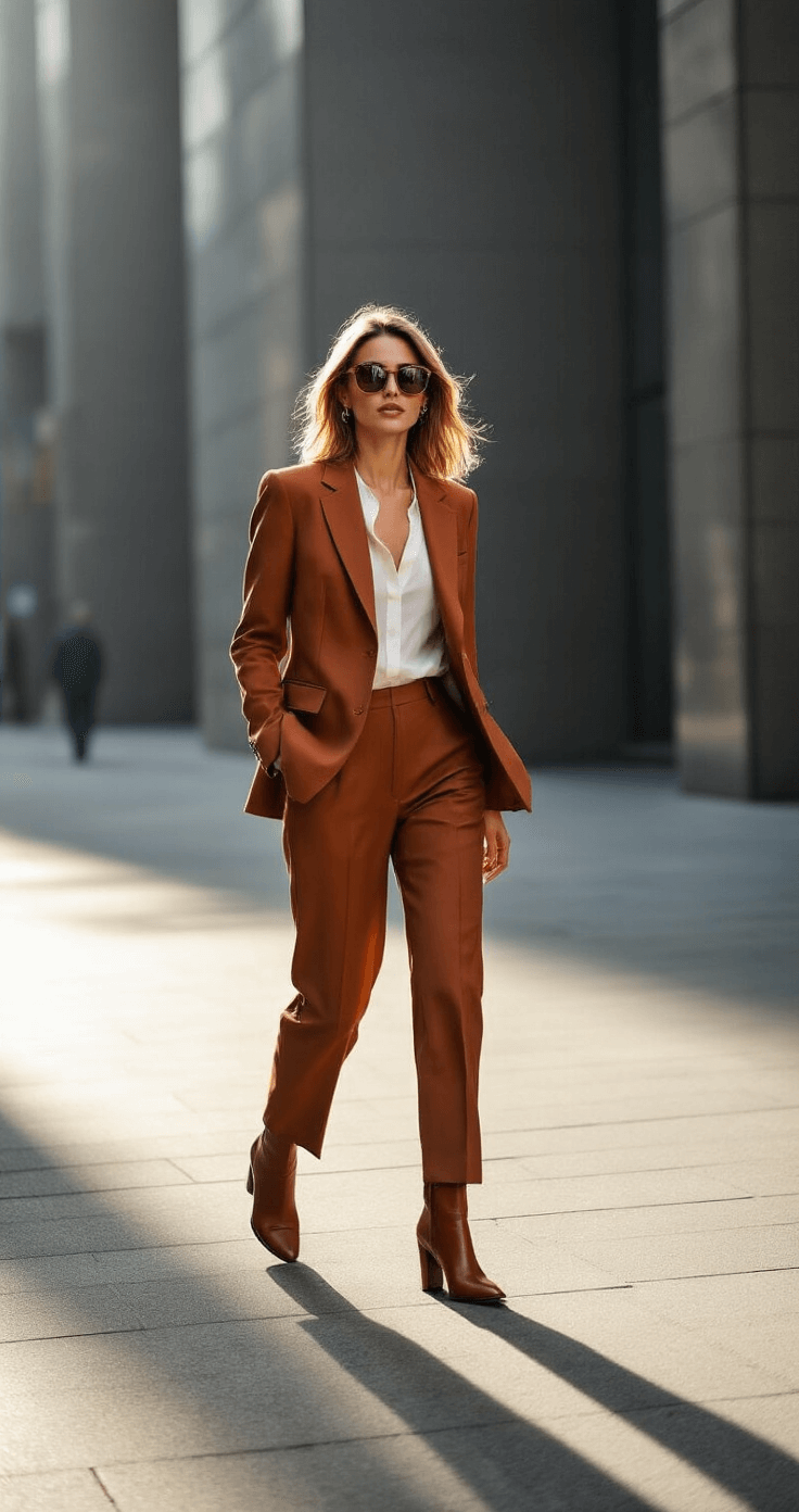 A confident woman in a rust-colored wool blazer and slim-cut trousers walks down a modern urban street during late afternoon, her silhouette highlighted by soft backlighting. She wears cognac leather ankle boots and oversized sunglasses, with contemporary architecture in the background.