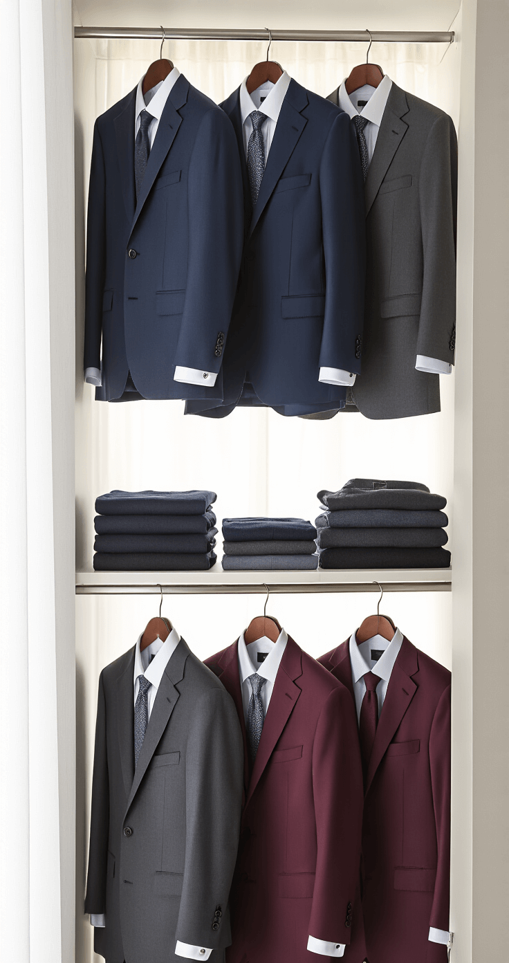 A meticulously organized closet featuring tailored suits in navy, charcoal, and deep burgundy tones, with color-coordinated hangers and soft morning light filtering through sheer curtains.