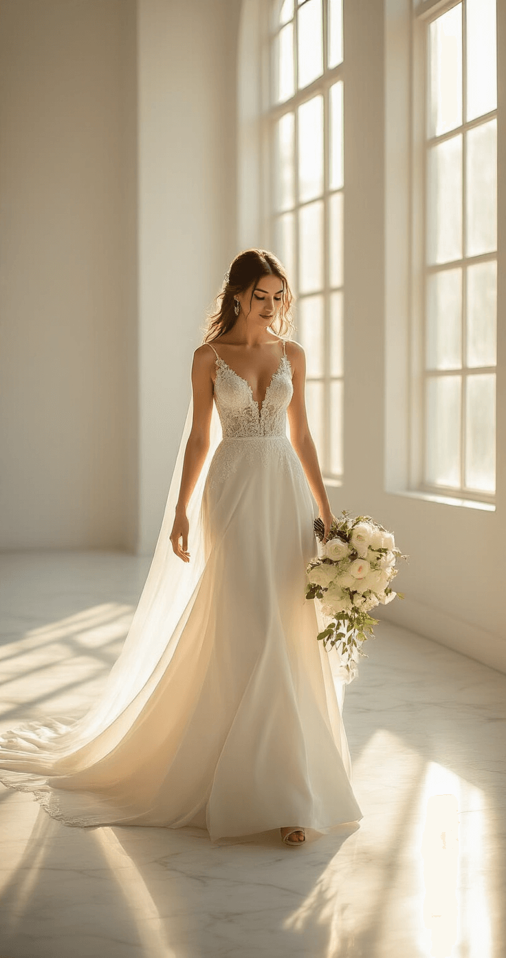 A bride in an elegant ivory silk wedding gown practices her aisle walk in a minimalist white studio during golden hour, holding a cascading white rose bouquet, with sunlight streaming through large windows casting ethereal light patterns on her dress.