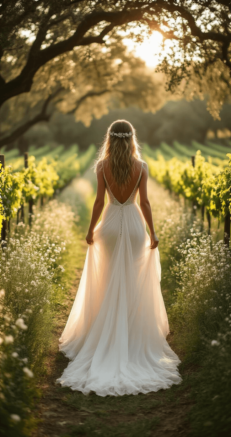 A bride in a flowing ivory chiffon wedding dress walks down a natural aisle adorned with greenery and wildflowers, bathed in warm late afternoon sunlight filtering through oak trees, creating a dreamy, romantic atmosphere.
