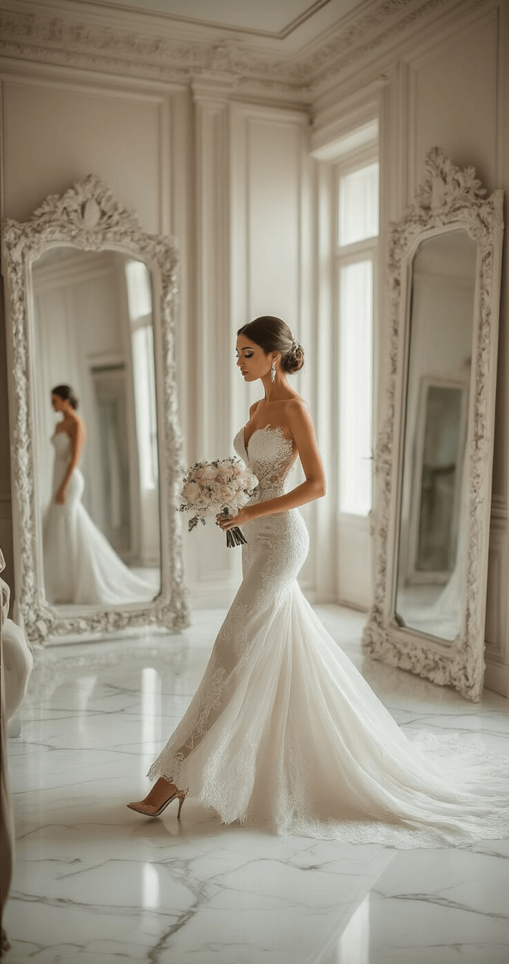 A bride in a couture wedding gown practices her aisle walk in a luxurious bridal suite with white marble floors and ornate mirrors, holding a practice bouquet and wearing designer heels under soft natural lighting.