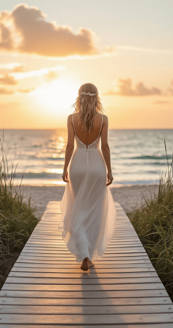 Bride in a soft blush wedding dress walking barefoot down a wooden boardwalk toward the ocean at sunset, enveloped in golden light and ocean breezes, creating a dreamy wedding entrance.