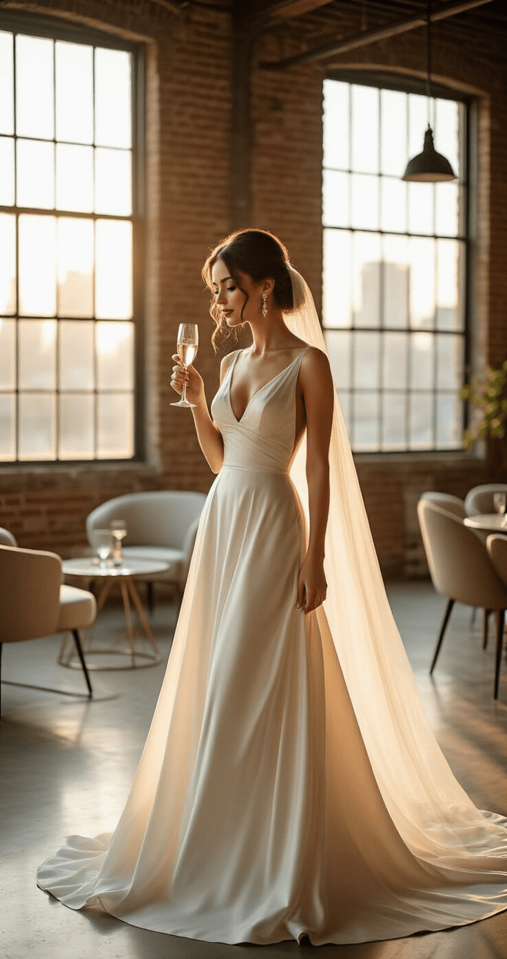A bride in an ivory silk gown adjusts her vintage veil and holds a champagne flute in a sunlight-filled urban loft with industrial decor.