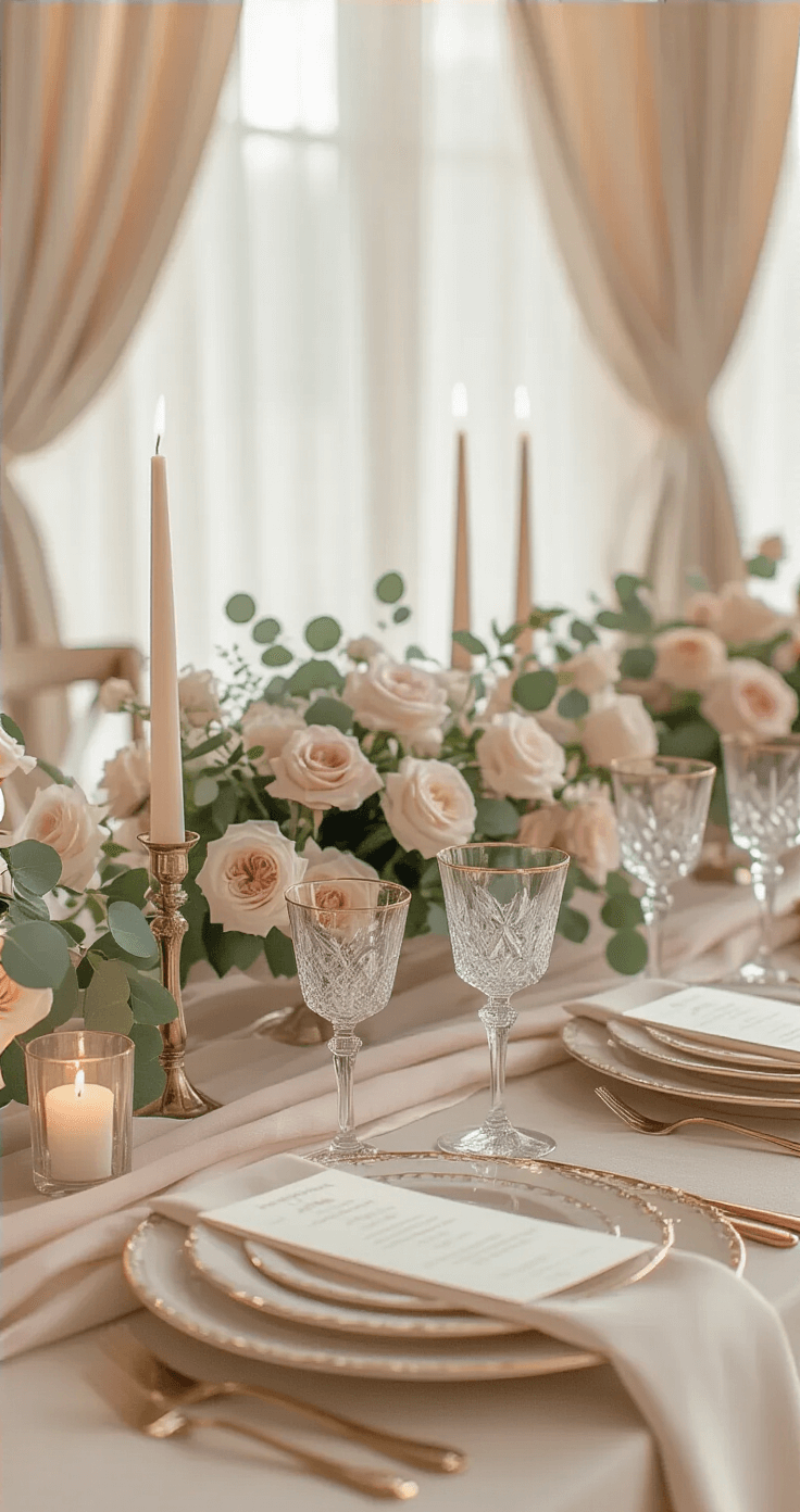 An elegant wedding reception table set with blush and ivory colors, featuring crystal stemware, gold-rimmed porcelain plates, delicate floral centerpieces, and soft natural light filtering through sheer curtains, creating a romantic ambience.
