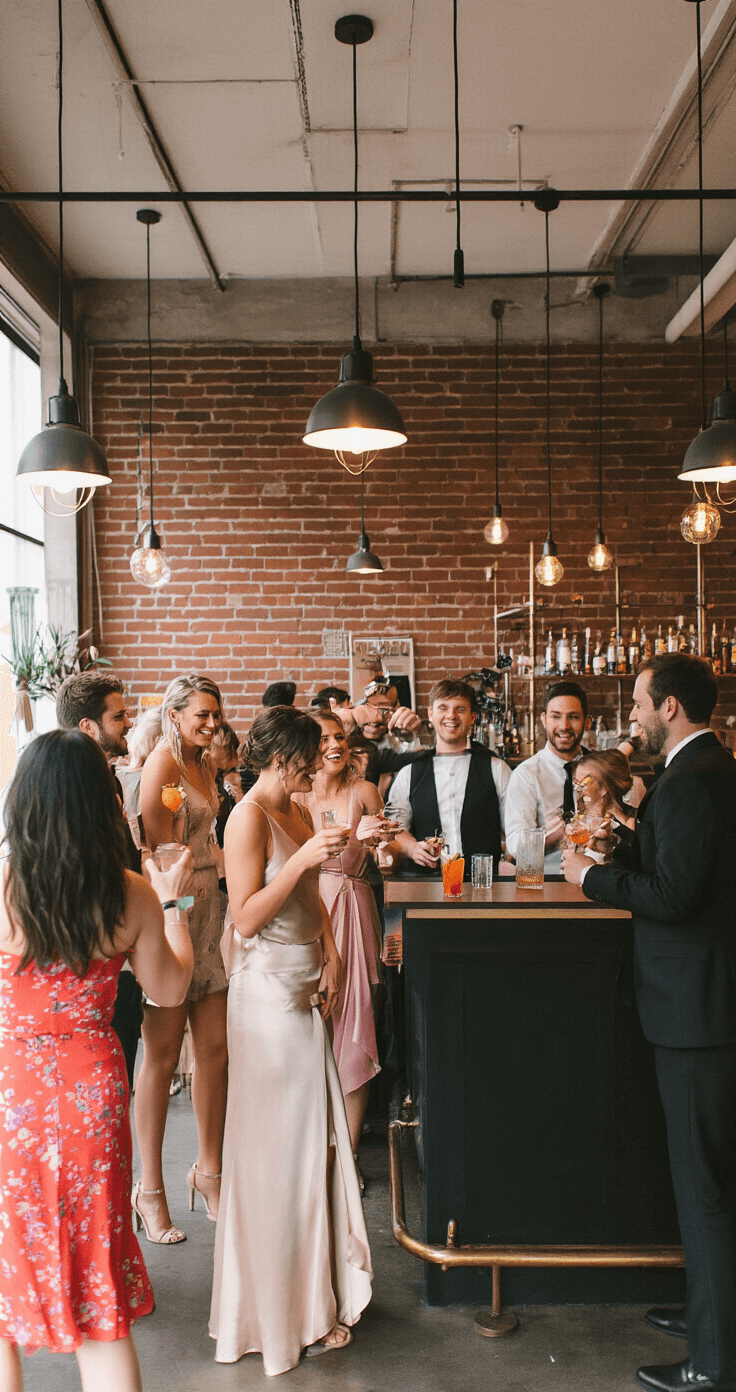 A chic wedding after-party scene in an urban lounge with exposed brick walls and modern lighting, featuring young guests in stylish cocktail attire enjoying craft cocktails and laughing.