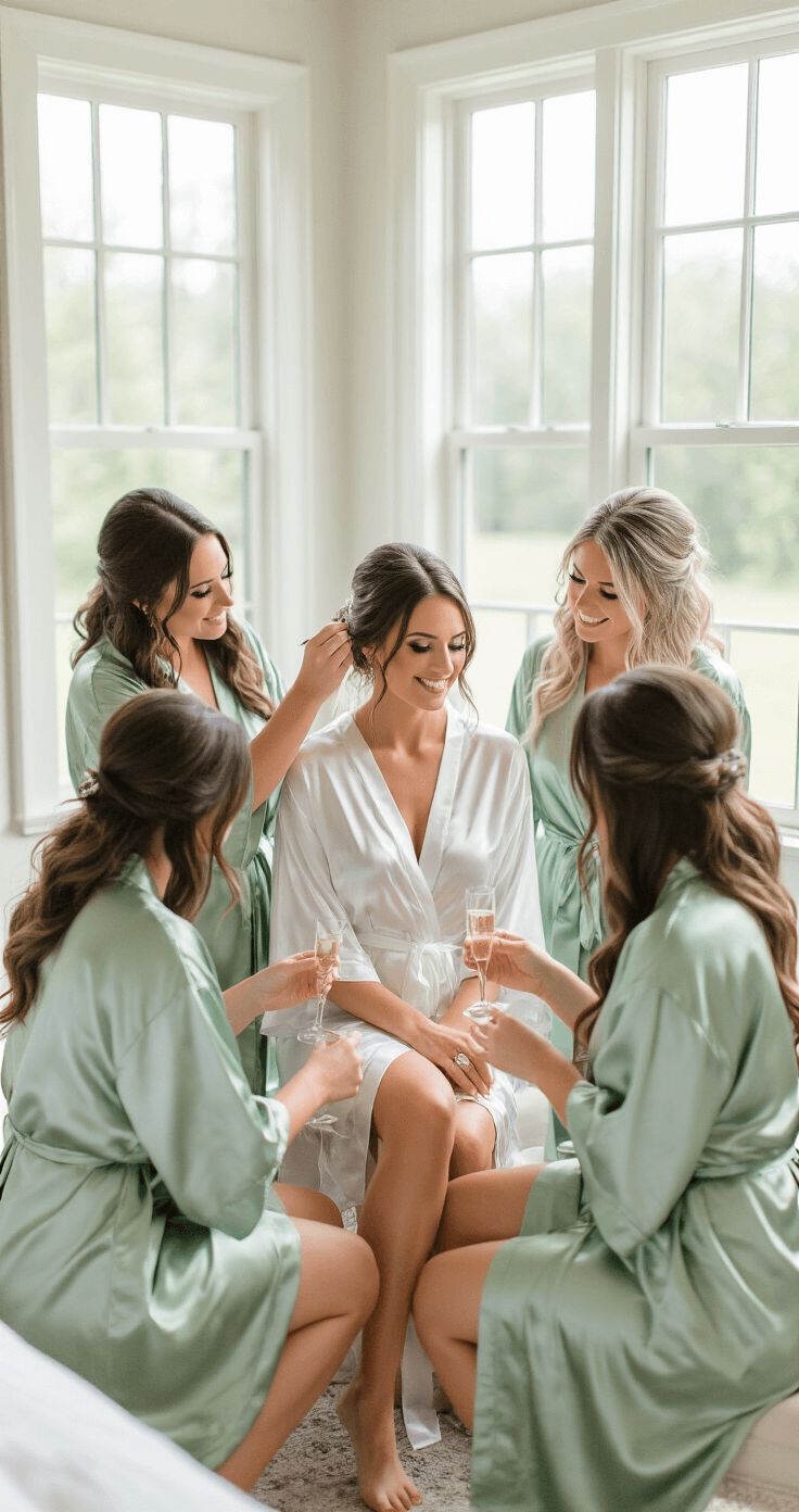 A bride and her bridesmaids in coordinating soft sage green silk robes share a joyful getting-ready moment in a bright bridal suite, with natural light highlighting makeup application, champagne toasts, and jewelry styling.