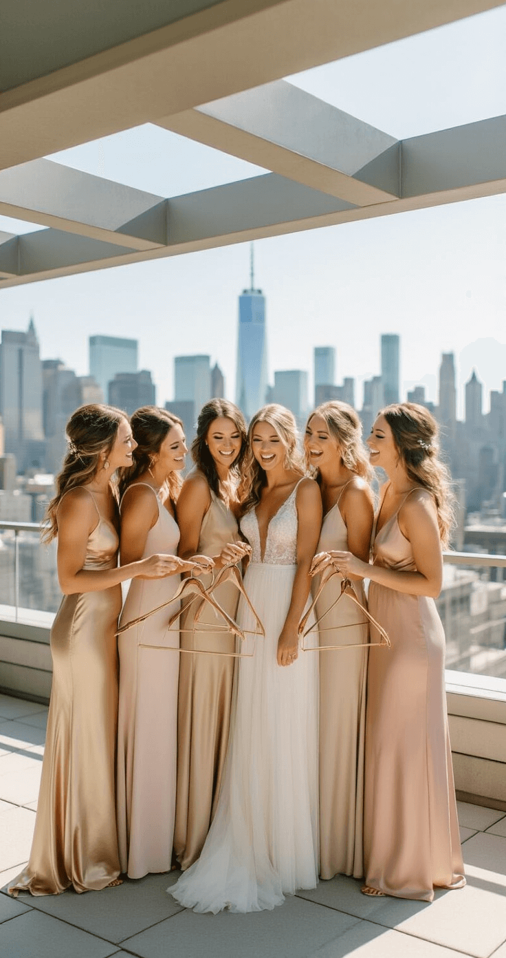 Five bridesmaids in champagne and blush-toned dresses laugh together on an urban rooftop, showcasing modern architecture and a city skyline. Each holds a personalized metallic hanger with silk robes, adorned with delicate gold jewelry. The soft midday sunlight highlights their minimal makeup and styled waves, capturing a joyful candid moment.