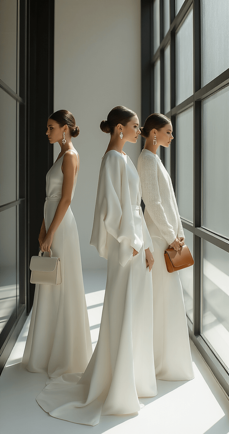 Three bridesmaids in structured monochrome outfits stand in a modern minimalist studio with floor-to-ceiling windows, showcasing dramatic natural light. They carry structured leather handbags and wear architectural jewelry, while their hair is styled in sleek low buns. The scene features a precise layering of smooth silk, crisp cotton, and soft cashmere, captured in high-contrast photography that emphasizes geometric lines and sophisticated styling.