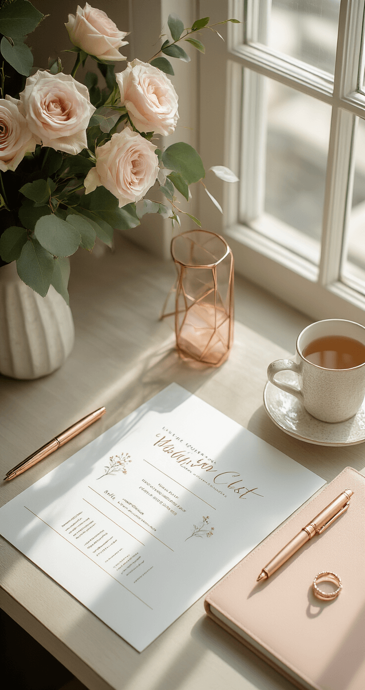Overhead view of a chic urban dining table featuring a wedding guest list spread, elegant stationery, a rose gold fountain pen, a blush pink engagement ring, and a modern wedding planner notebook, accented by minimalist geometric accessories and a sage green watercolor guest list spreadsheet, illuminated by soft natural light from a nearby window.