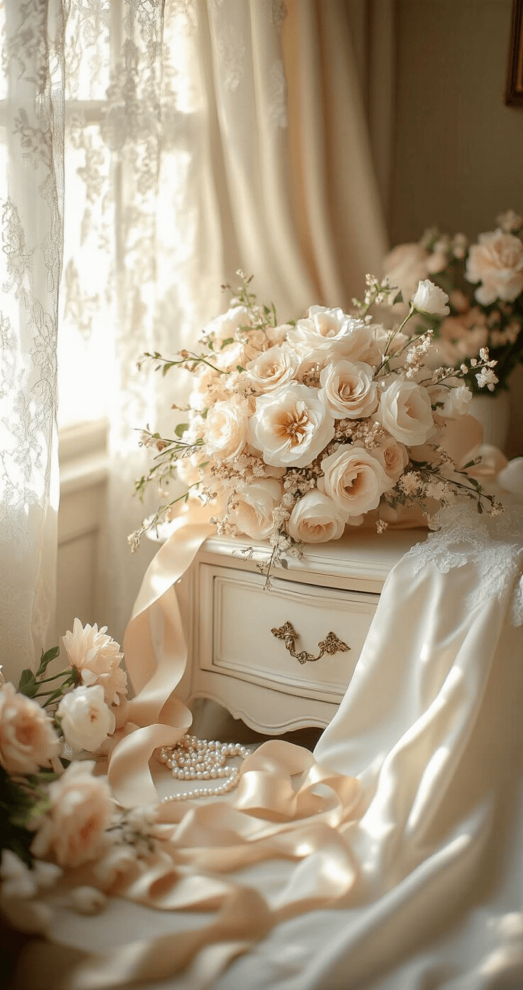 A serene bridal preparation scene featuring a silk wedding bouquet on an antique white dresser, an ivory satin wedding dress nearby, and scattered blush and champagne flowers, all illuminated by soft natural light through lace curtains.