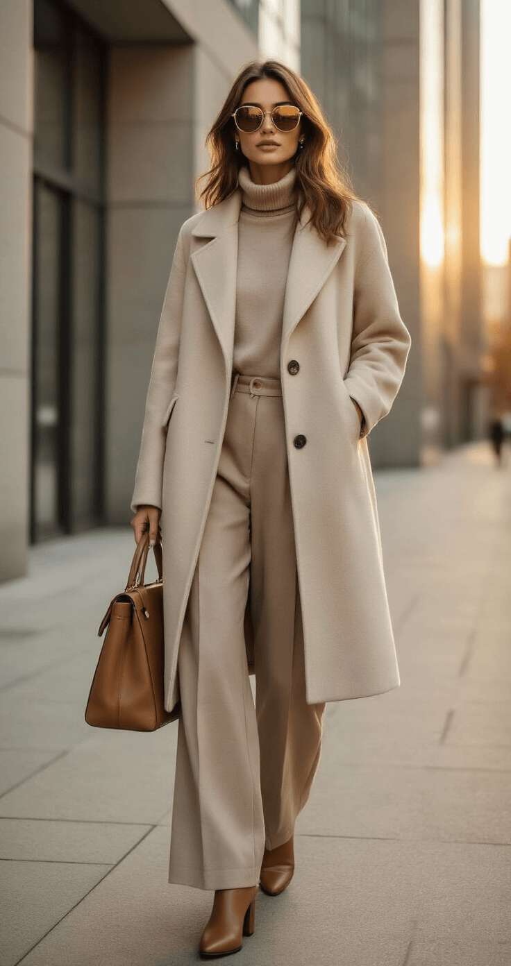 Young professional woman in layered neutral-toned wool coat, cashmere turtleneck, and tailored wide-leg trousers, posing on an urban walkway during golden hour, with modern glass buildings in the background and styled with oversized sunglasses and a leather handbag.