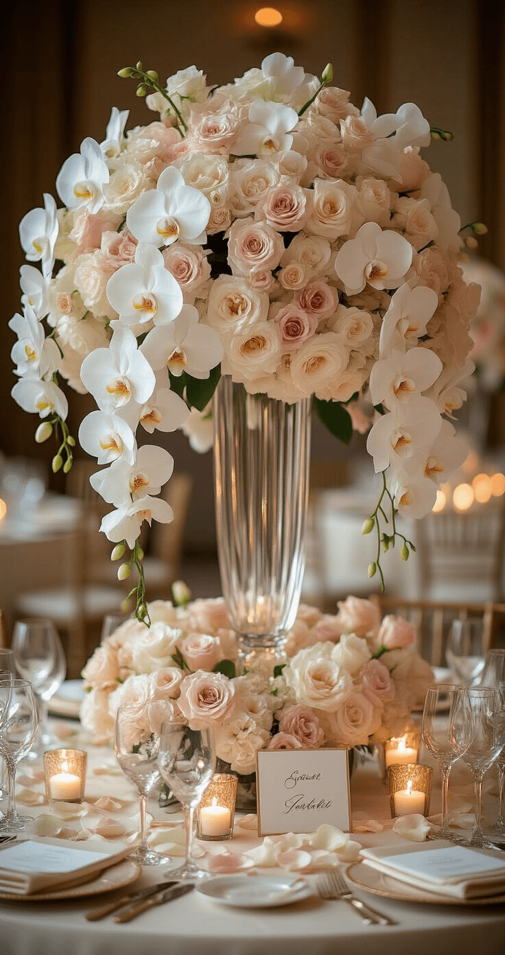 Luxurious wedding reception centerpiece featuring cascading orchids, ranunculus, and garden roses in crystal vases, with soft candlelight, blush and ivory color palette, gold accents, elegant glassware, rose petals, and calligraphy place cards, all captured in soft ambient lighting.