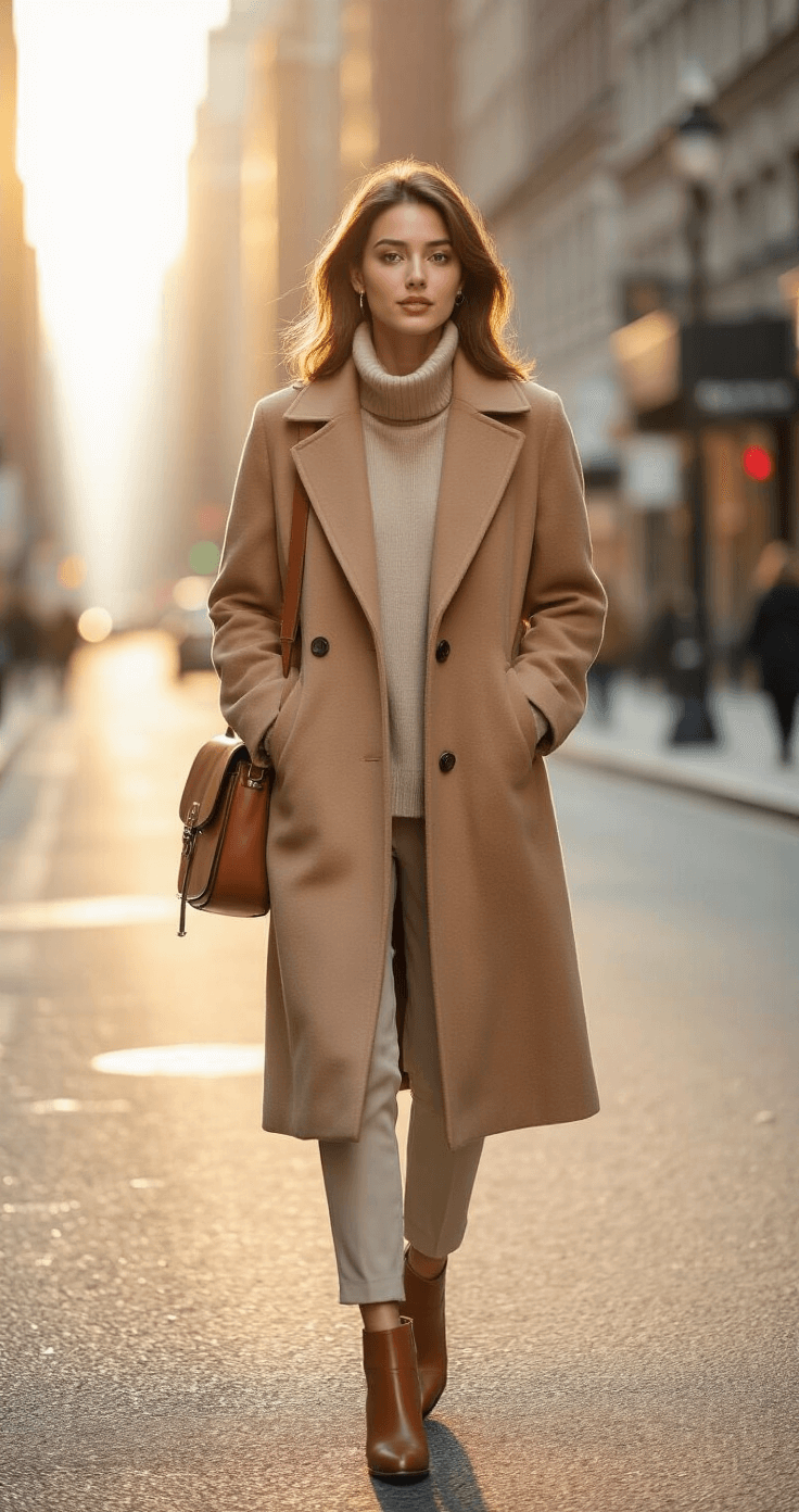 A young professional woman in a camel wool coat walks confidently down a softly lit New York street during golden hour, with warm shadows and a leather messenger bag, captured from an elevated angle.