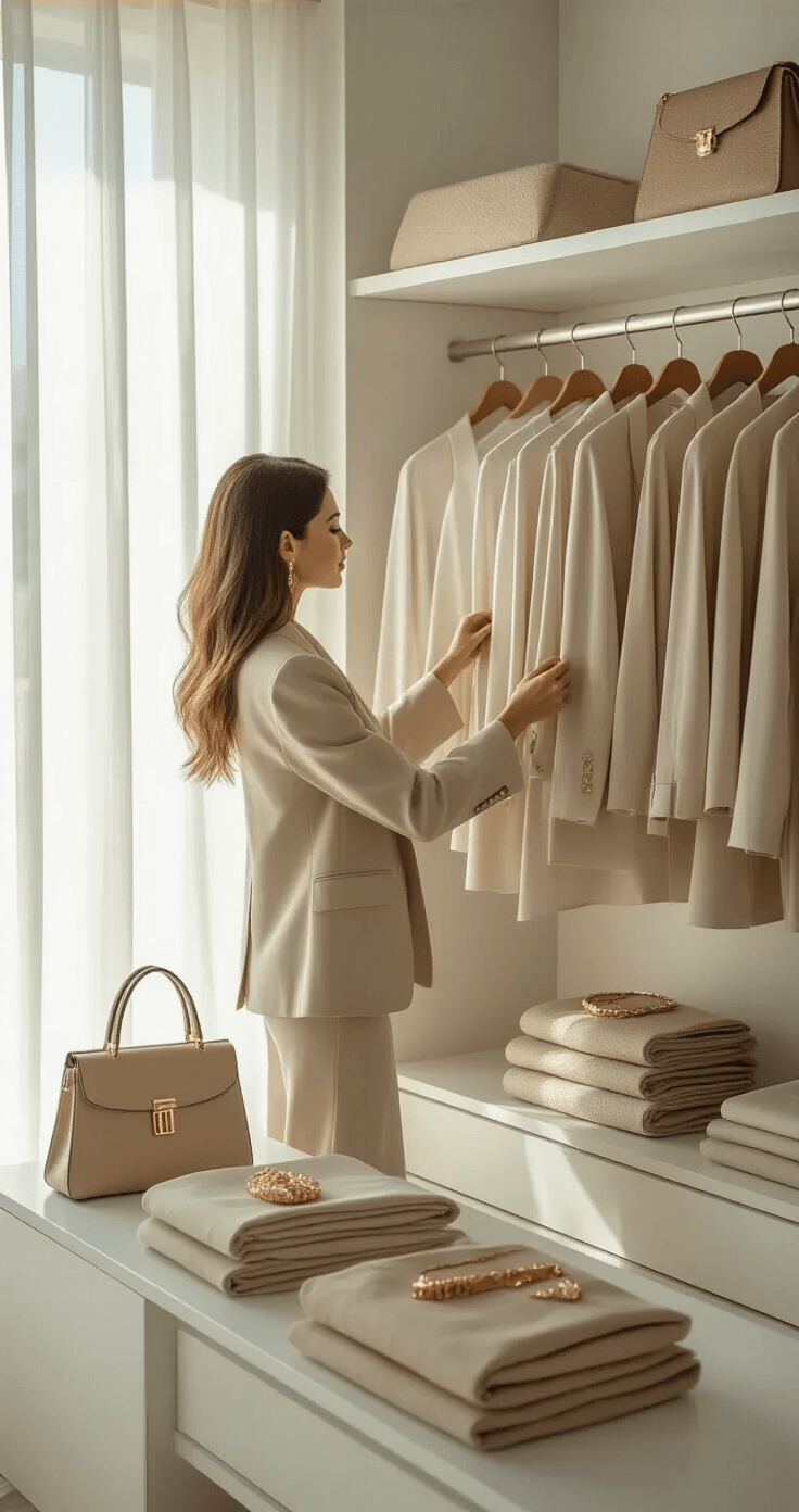 A stylish woman curates a neutral-toned wardrobe of silk blouses, tailored blazers, and high-end denim, illuminated by soft morning light filtering through sheer curtains, with designer handbags and minimal gold accessories elegantly arranged on sleek white shelves.