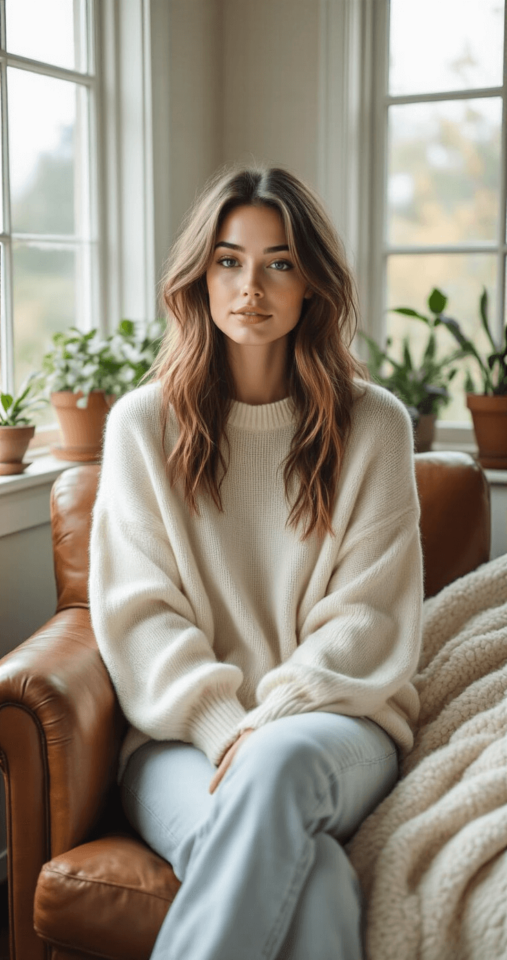 A young woman in her late 20s sits by a large window wearing an oversized cream cashmere sweater and light wash relaxed denim, surrounded by vintage decor, potted plants, and a cozy throw blanket, illuminated by soft, diffused natural light.