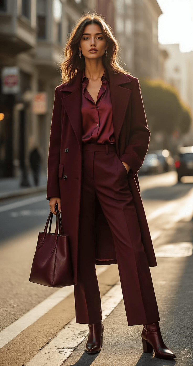 A diverse model in a monochromatic burgundy outfit, featuring a tailored wool coat, silk blouse, and wide-leg trousers, stands at a chic San Francisco street corner, illuminated by golden late afternoon sunlight. She is styled with leather ankle boots with metallic accents and carries a designer leather tote, captured in a cinematic street style perspective emphasizing movement and urban architecture.