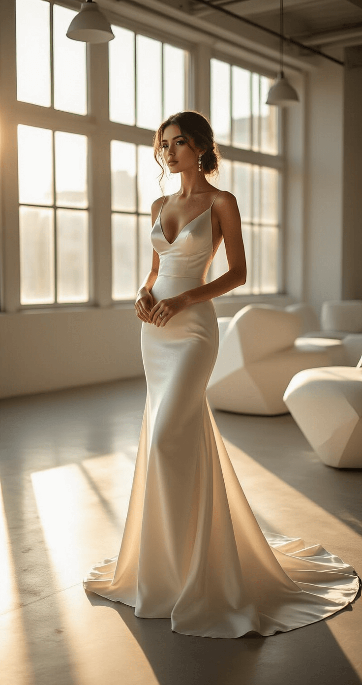 Sophisticated modern bride in a silk wedding gown poses in a minimalist urban loft with floor-to-ceiling windows, soft golden hour sunlight illuminating delicate pearl accessories and fabric textures, alongside geometric white furniture.