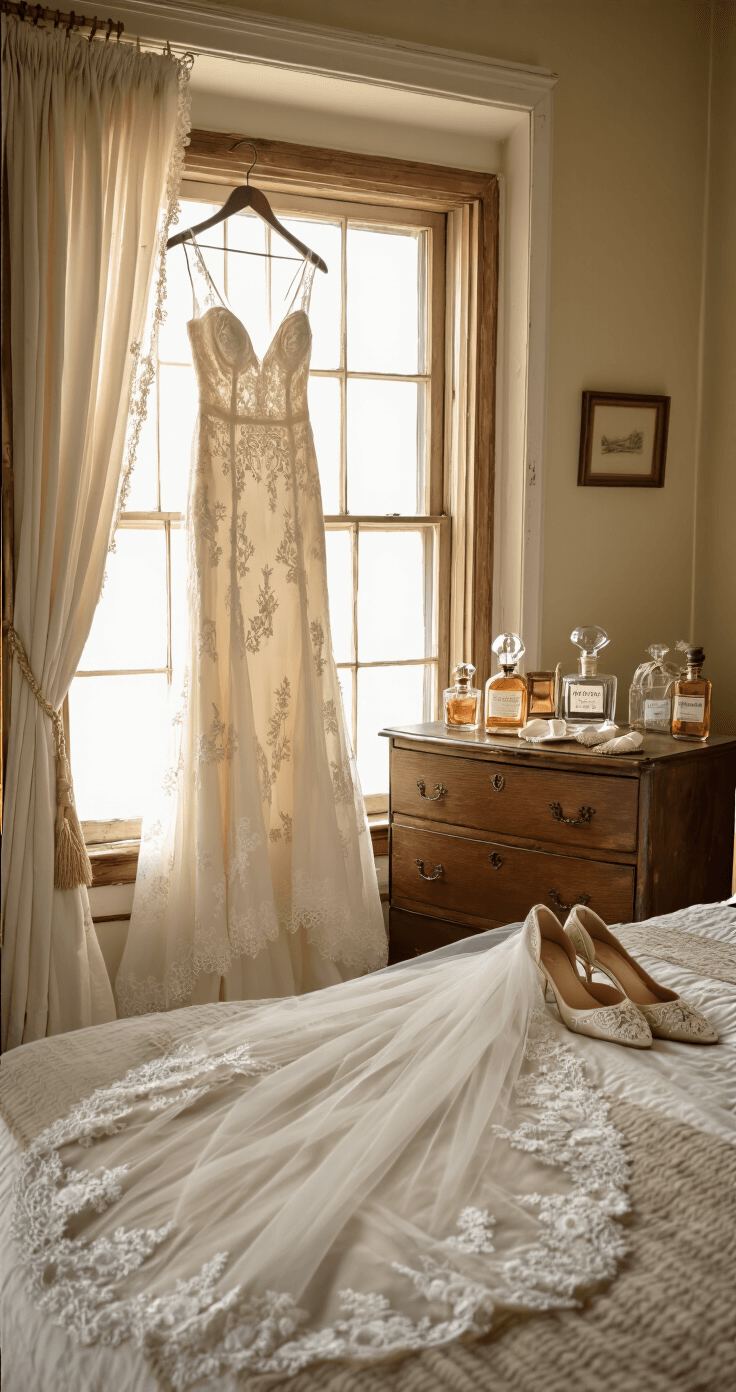 Intimate wedding preparation scene featuring a wedding dress hanging by a vintage wooden window, soft morning light filtering through sheer curtains, with styled accessories including vintage perfume bottles, a delicate lace veil, and embroidered silk shoes on an antique dresser, in a warm neutral color palette.