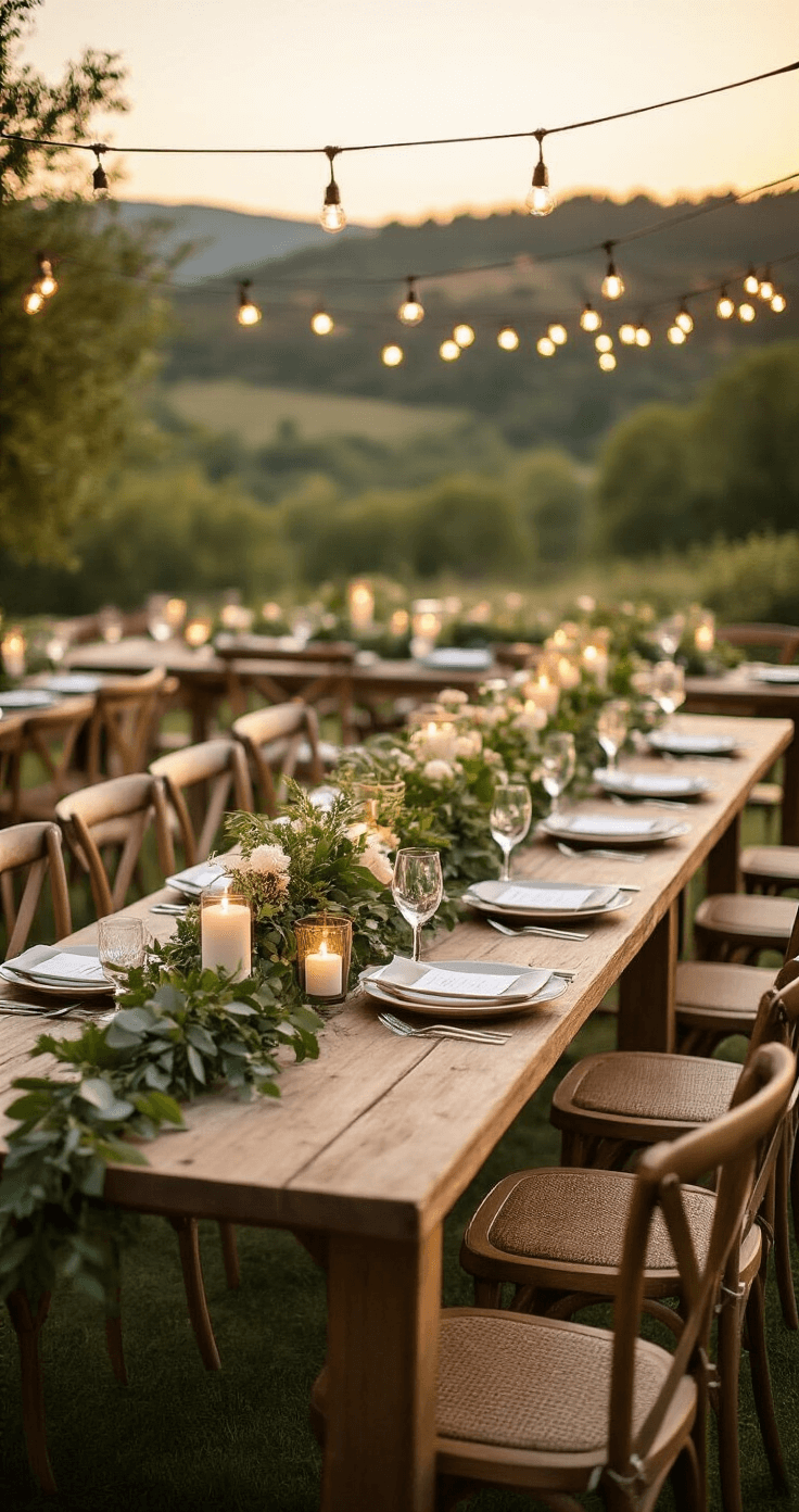 Stylish outdoor wedding reception at sunset with long wooden tables adorned with lush greenery centerpieces, soft string lights, and elegant mismatched vintage chairs. A soft blush and sage color scheme is complemented by candlelight, creating a romantic atmosphere amidst a scenic landscape, captured with cinematic depth of field.