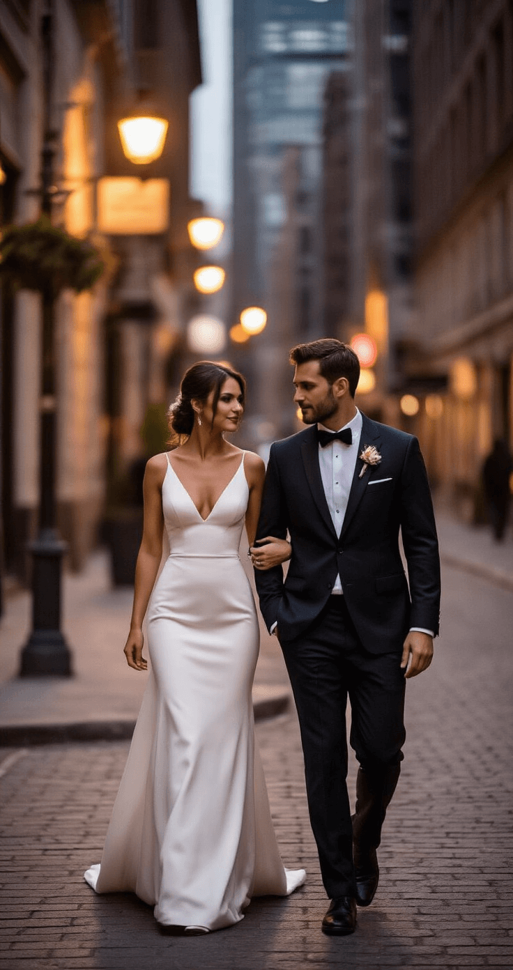 Bride and groom stroll hand in hand through a softly-lit urban street corner at twilight, dressed in elegant modern wedding attire; the bride wears a sleek white dress with a structured silhouette, while the groom is in a tailored dark suit, all captured in a natural documentary style that showcases their authentic connection amidst warm streetlamp glow and architectural details.