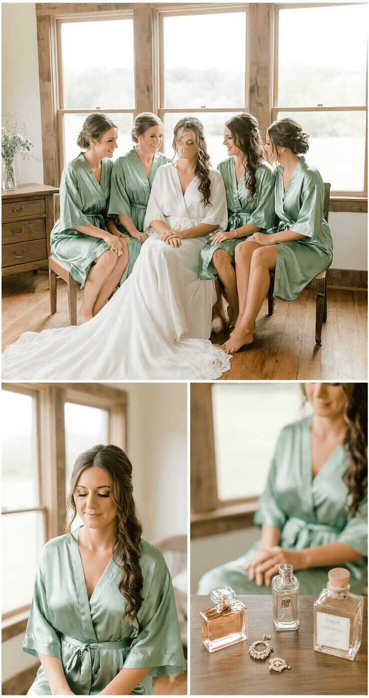 Bridal suite in a cozy farmhouse with soft natural light, bride and bridesmaids in sage green silk robes, vintage wooden furniture, and details of wedding jewelry and perfume bottles.