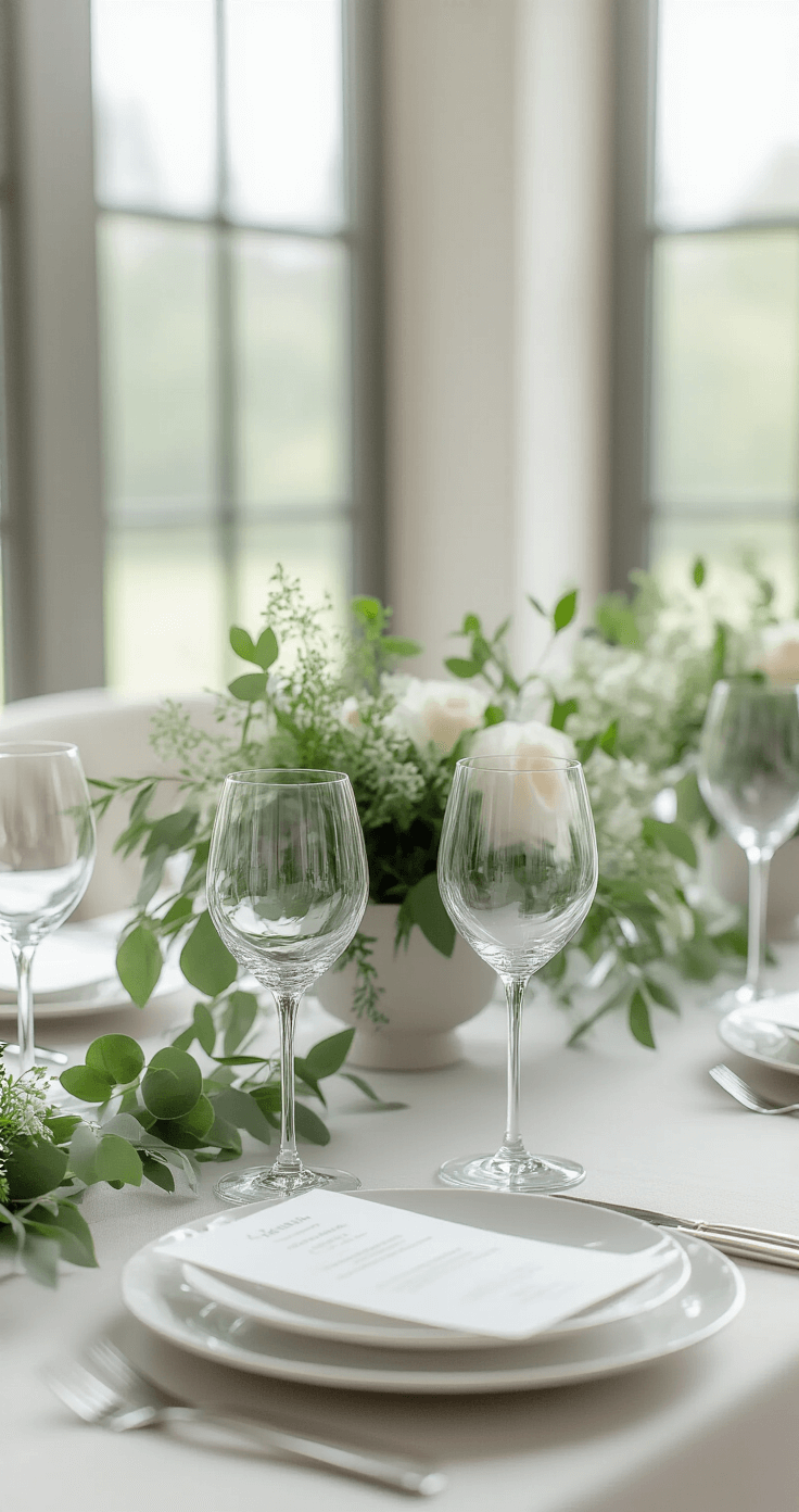 Elegant wedding table setting with white porcelain dinnerware, crystal glassware, delicate greenery centerpiece, and soft natural light highlighting a neutral color palette with metallic accents.