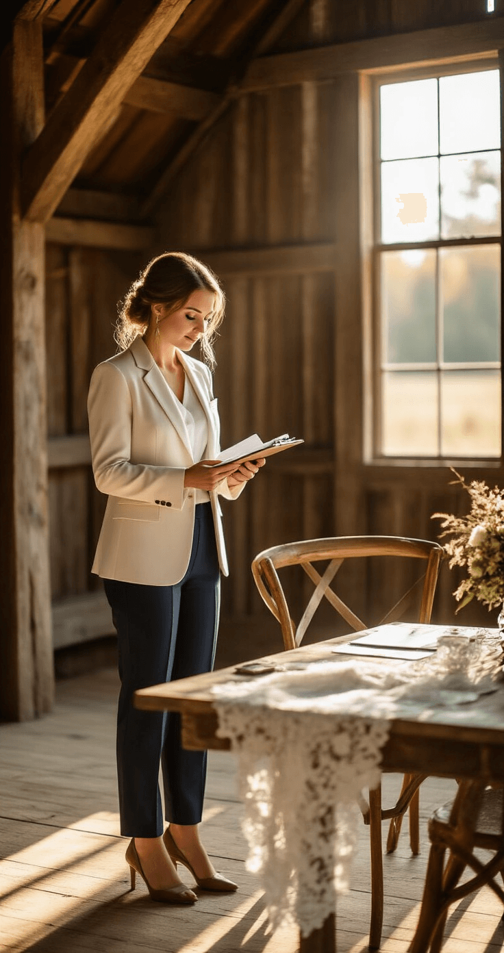 A warm golden hour wedding rehearsal in a rustic barn featuring a female officiant in an ivory blazer arranging chairs, with soft sunlight filtering through wooden beams and delicate wedding details on a vintage table.