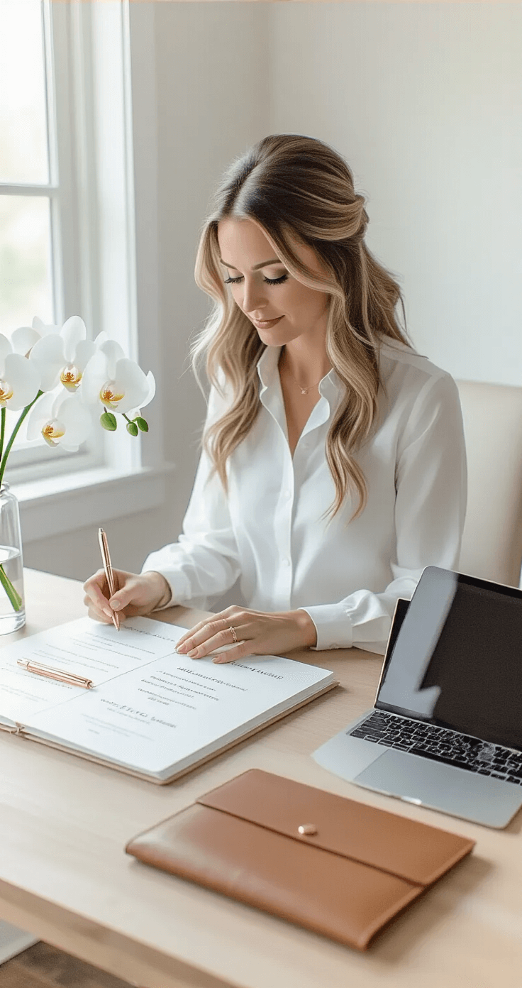 Elegant home office workspace with a professional female wedding officiant organizing marriage licenses and ceremony scripts, featuring a minimalist Scandinavian design, light oak desk, MacBook with wedding planning software, and decorative details like a rose gold pen and fresh white orchid.