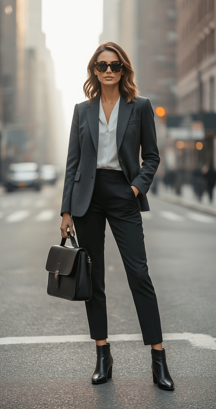 A modern wedding officiant in a charcoal gray wool blazer and slim black trousers stands confidently on a New York City street corner during early morning light, accessorized with a sleek leather messenger bag and oversized tortoiseshell sunglasses, with soft morning fog and a desaturated urban background.