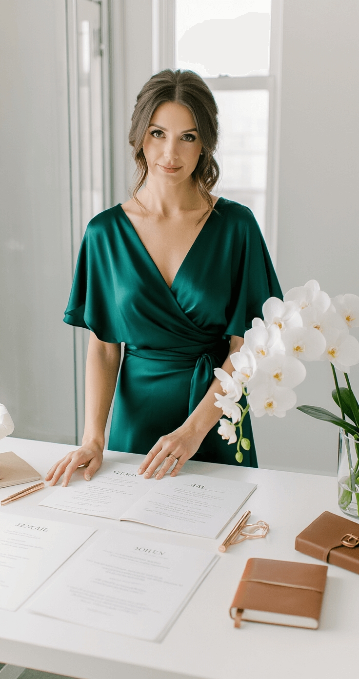 A professional female wedding officiant in an emerald green silk wrap dress stands in a contemporary glass-walled studio, surrounded by wedding ceremony script drafts and rose gold accessories on a minimalist desk, with soft ambient lighting and fresh white orchids.
