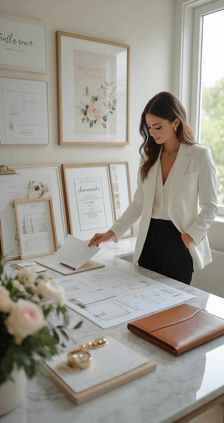 A young wedding planner in a tailored white blazer and black pants organizes a wedding timeline at a marble-top desk, surrounded by mood boards and planning tools, in a stylish minimalist home office filled with natural light.