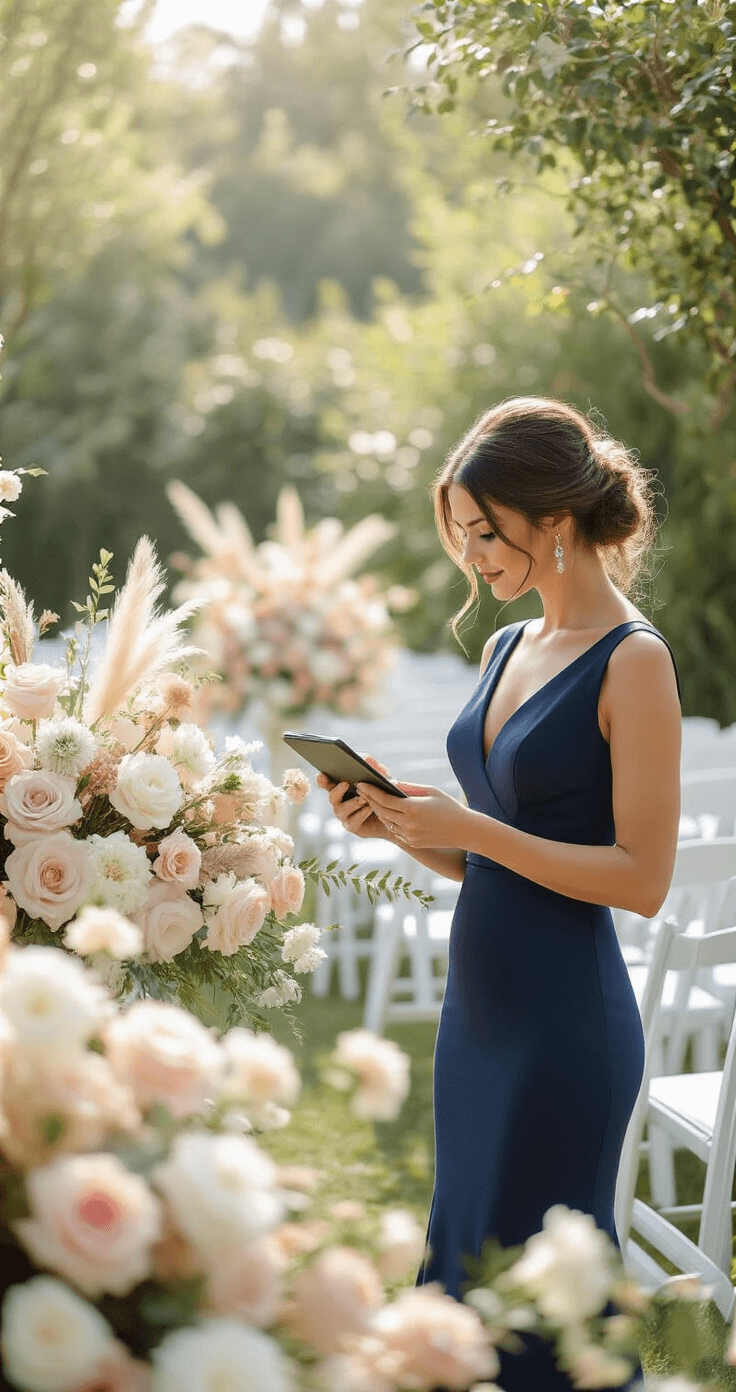 A wedding planner in a tailored navy blue dress checks arrangements on a tablet in a picturesque garden venue, surrounded by white chairs and blush and ivory floral installations, with soft sunlight creating a dreamy atmosphere.
