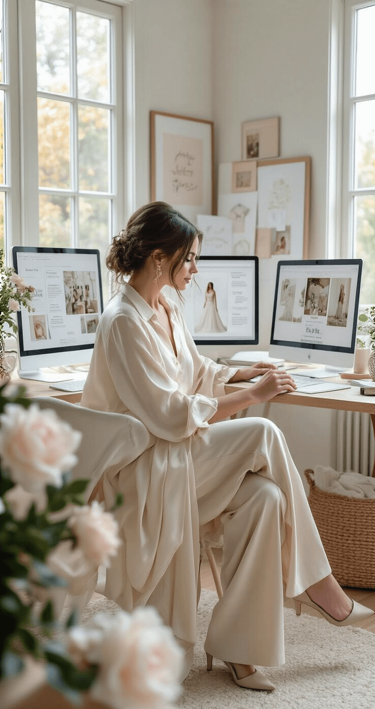 An intimate home office featuring a wedding planner in a cream silk blouse and wide-leg trousers, working on a digital portfolio surrounded by wedding vision boards and multiple computer screens. The space is filled with soft natural light, showcasing a minimalist design and professional lifestyle elements.