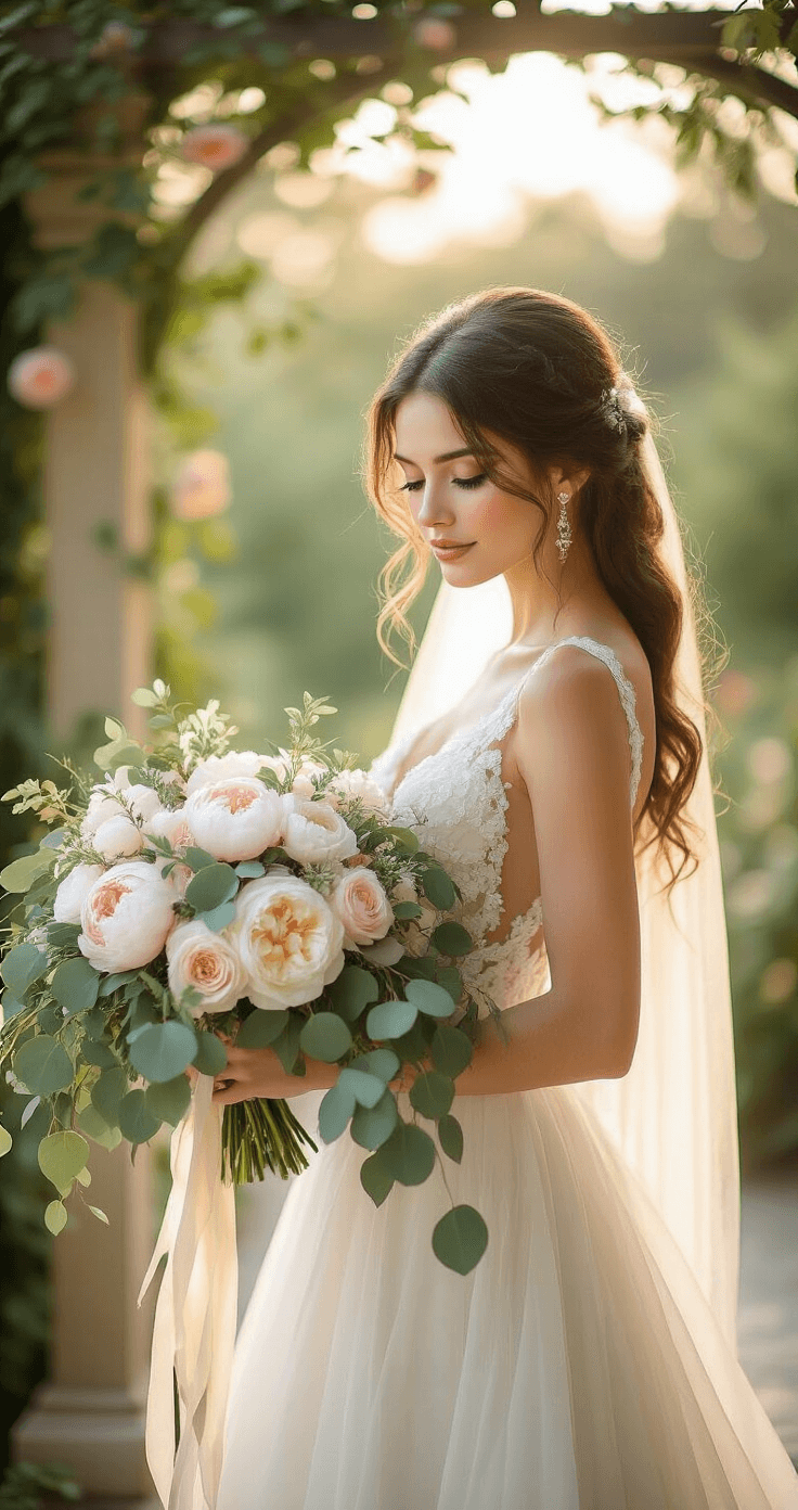 Bride in an elegant ivory wedding dress holding a peony and ranunculus bouquet with eucalyptus, on a romantic garden terrace during golden hour, with soft light filtering through vintage rose trellises.