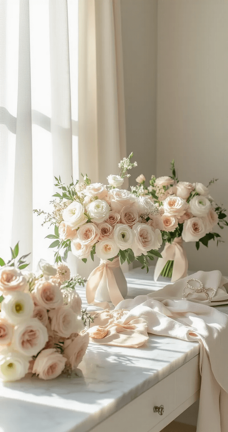 A minimalist bridal preparation scene featuring a bright white designer room with blush and cream bridesmaid bouquets on a marble vanity, soft sunlight streaming through sheer curtains, highlighting garden roses and ranunculus petals, alongside folded linen robes and elegant accessories.