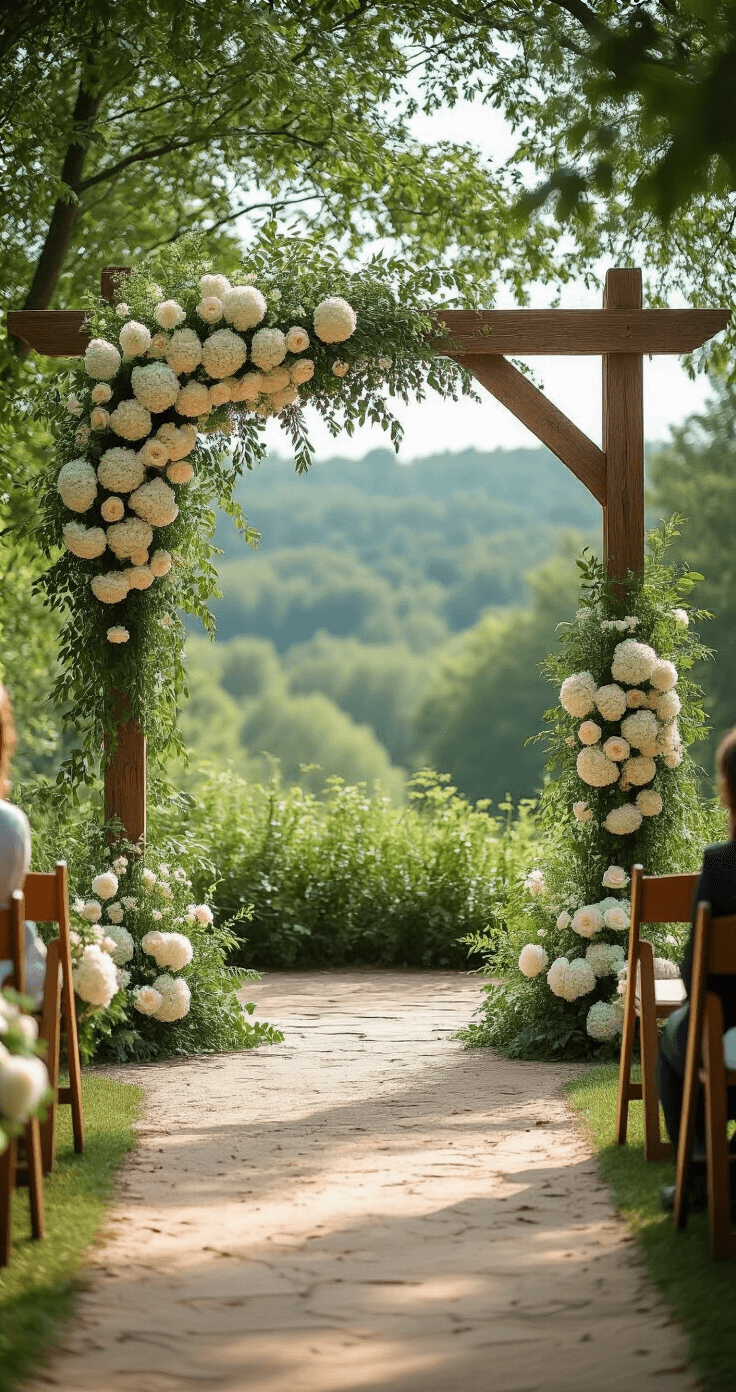 An outdoor summer wedding ceremony setup featuring a wooden arch decorated with hydrangeas, greenery, and white roses, surrounded by dappled sunlight and a symmetrical floral design, blending rustic textures with romantic botanicals.