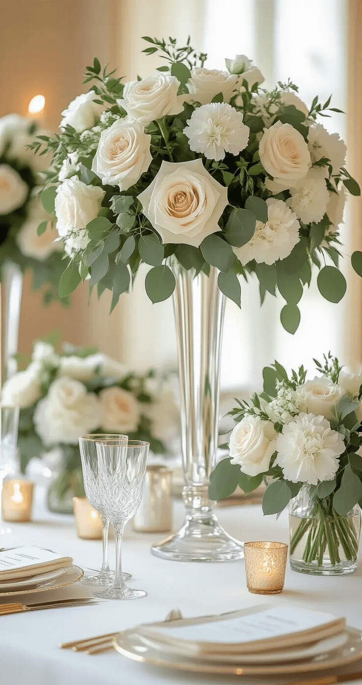 Sophisticated reception tablescape with modern centerpieces in ivory, cream, and sage green, featuring tall crystal vases of garden roses and eucalyptus on white linens with gold accents, illuminated by soft candlelight.