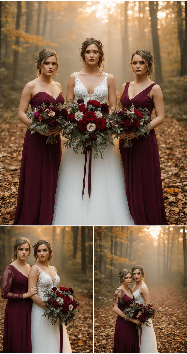 A fall wedding photoshoot featuring rich burgundy and deep plum flowers, including dahlias and roses, against a misty forest with warm golden hour lighting.