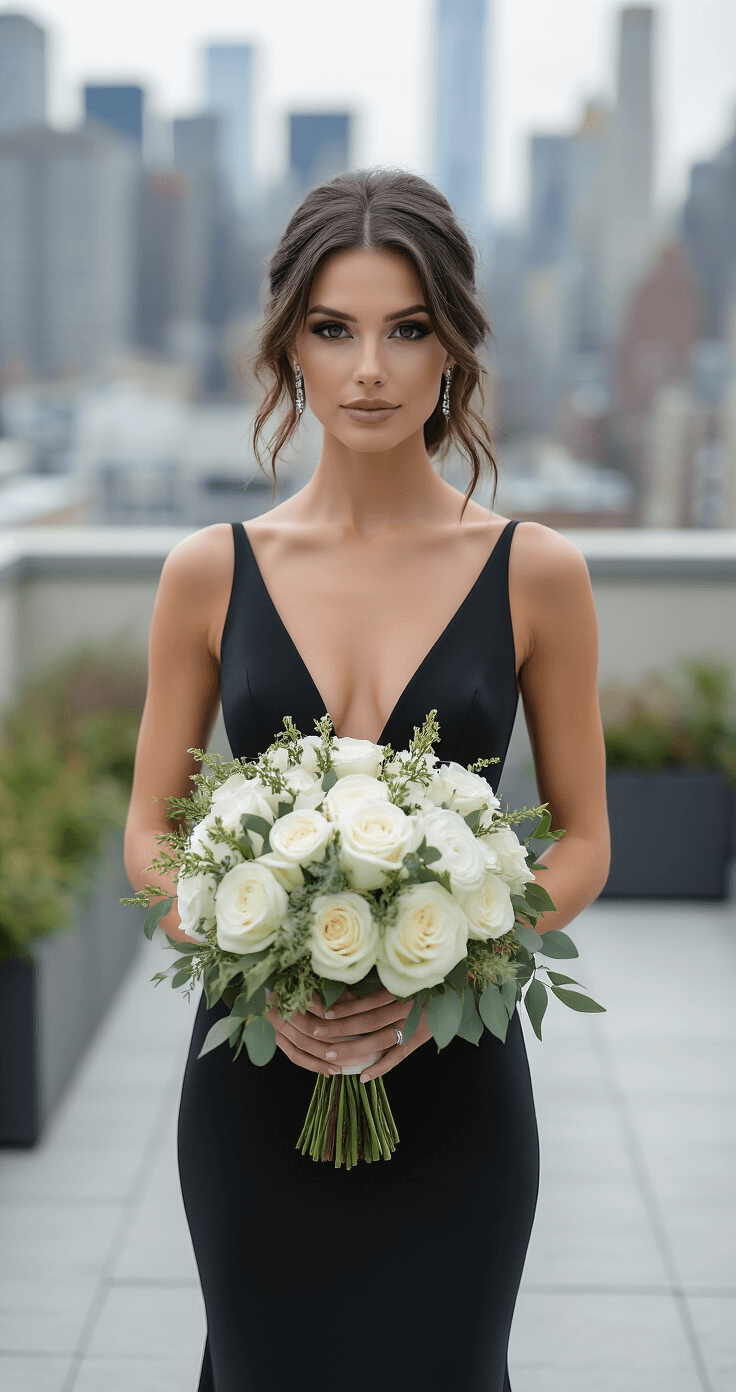 A chic urban wedding portrait on a rooftop terrace, featuring a bride in a sleek modern dress holding a contemporary bouquet of white roses and ranunculus, with a cityscape background and soft architectural lines.