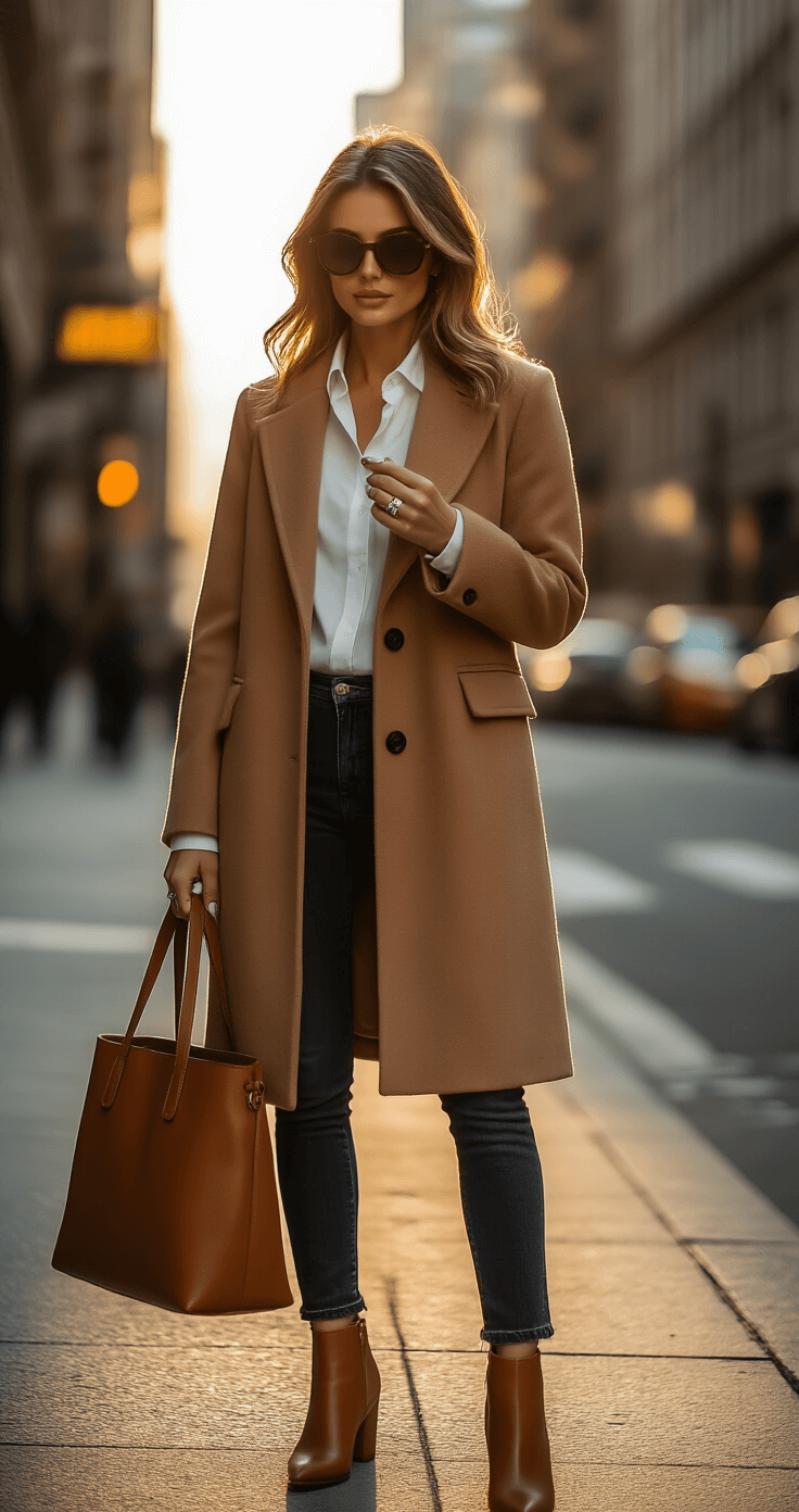 A fashionable woman in a tailored camel coat and skinny jeans examines a ring against a ruler at a chic urban street corner, with warm light casting long shadows and blurred city architecture in the background.
