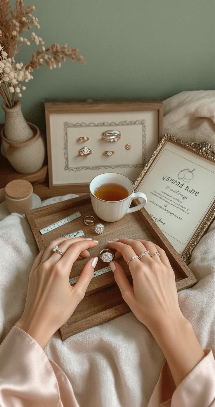 Cozy bedroom with muted sage green walls and warm wooden textures, featuring a vintage wooden jewelry tray with an artistic arrangement of rings, a printable ring sizer, a silver ruler, and a cup of herbal tea, as a woman in a blush silk robe measures her ring size with perfectly manicured nails.