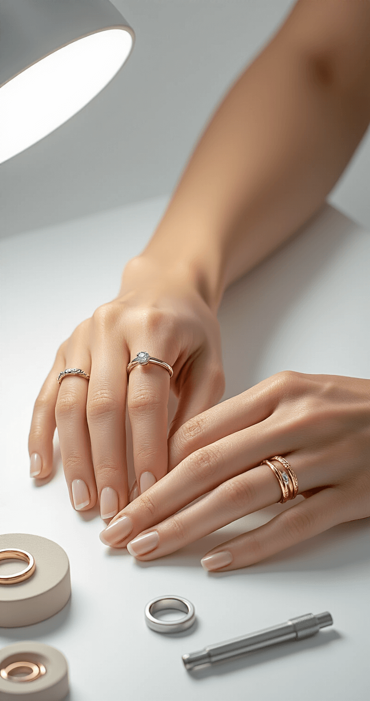 A minimalist photography studio featuring a close-up of hands demonstrating ring sizing techniques, surrounded by various ring sizer tools and precision instruments, with delicate gold and silver rings showcased against crisp white backgrounds and dramatic side lighting.