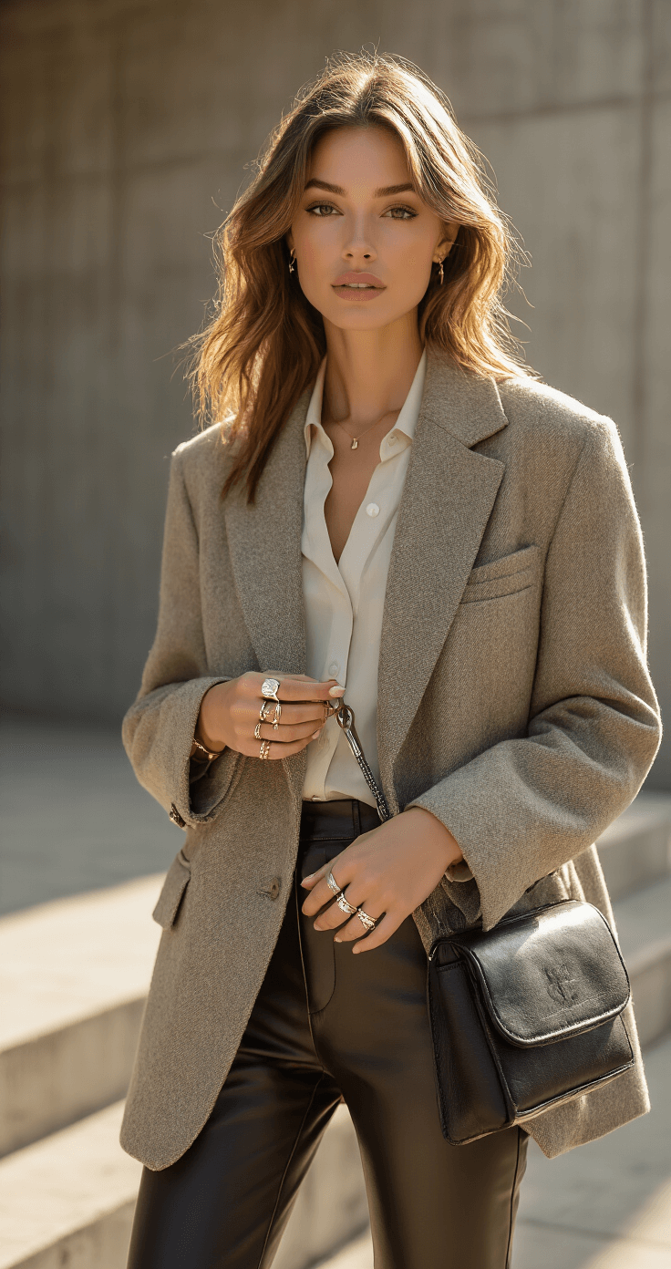 A stylish woman in an oversized wool blazer and slim leather pants measures a ring in a fashionable outdoor setting with a concrete backdrop and warm sunlight, her designer handbag displaying a professional ring sizer tool.