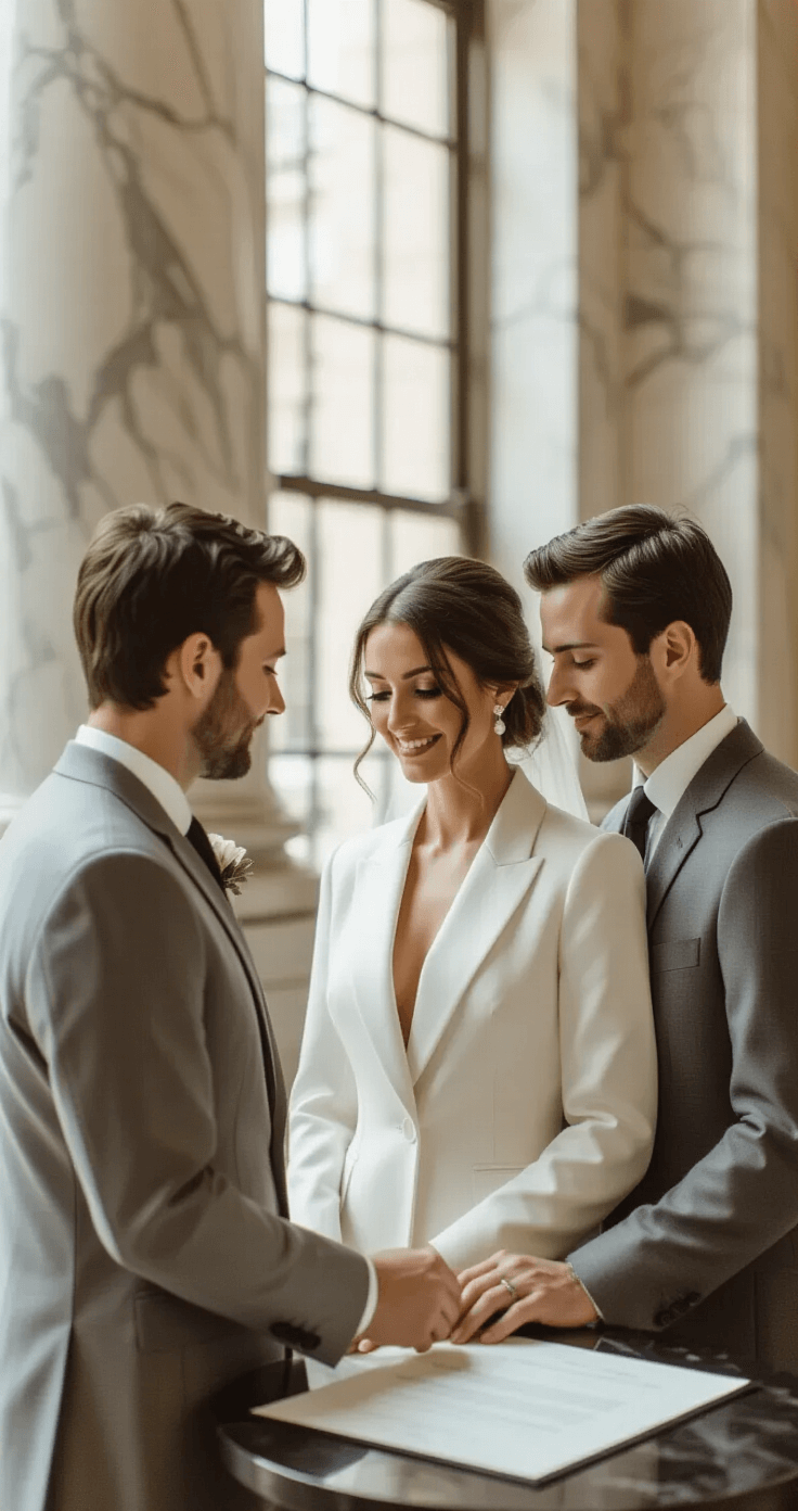 How to Elope: Your Complete Guide to Getting Legally Married Chic couple at an intimate courthouse wedding, bride in a white blazer dress and pearl earrings, groom in a light gray suit, standing in a classic marble interior with soft natural light, capturing the moment of signing marriage documents in muted tones.