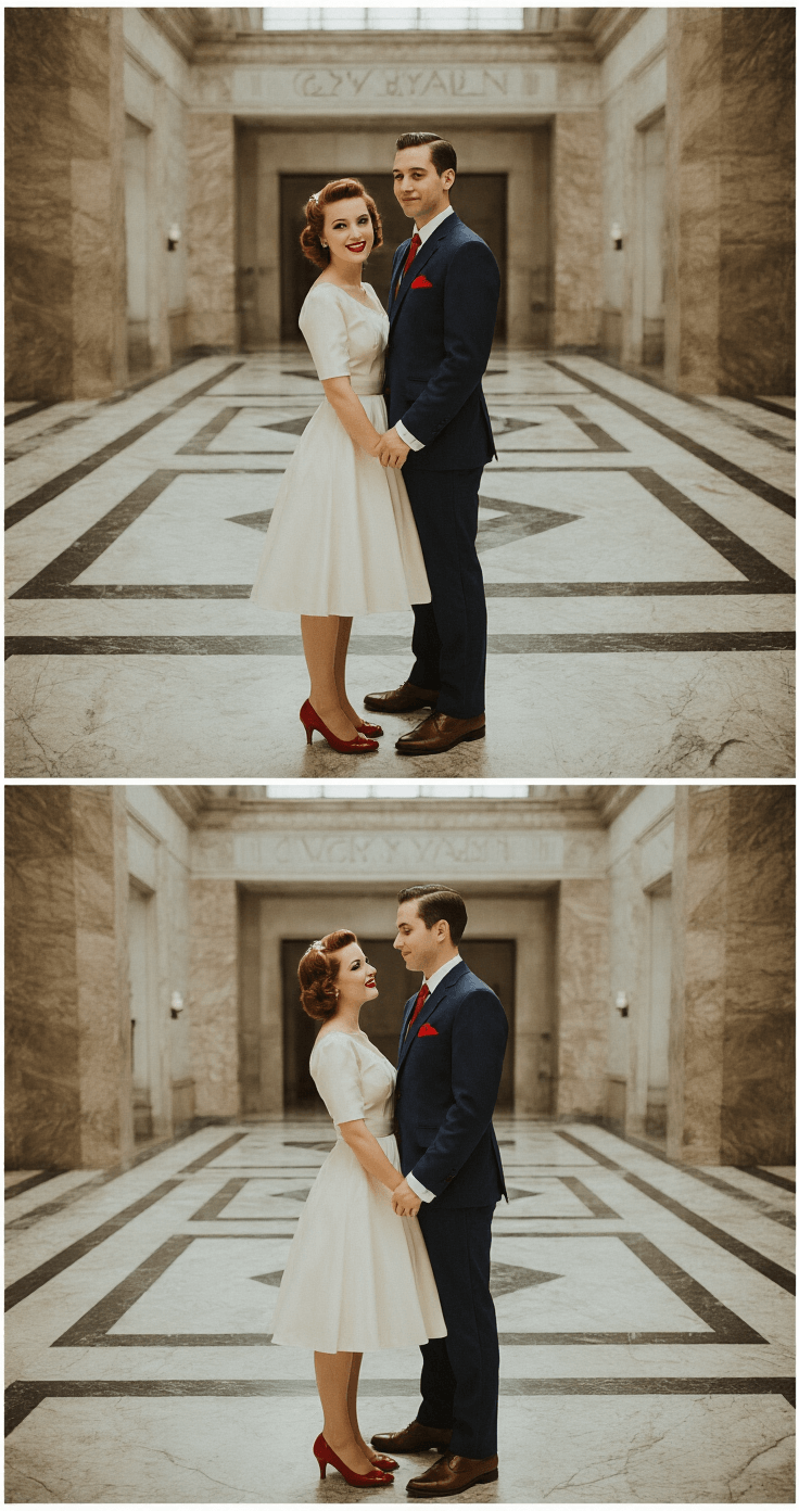 How to Elope: Your Complete Guide to Getting Legally Married A couple elopes in a vintage-inspired city hall, with the bride in a tea-length ivory dress and retro victory rolls hairstyle, and the groom in a slim-cut navy suit. The mid-century modern interior features marble floors and geometric lines, captured in a cinematic photography style with a palette of navy, ivory, and deep red accents.